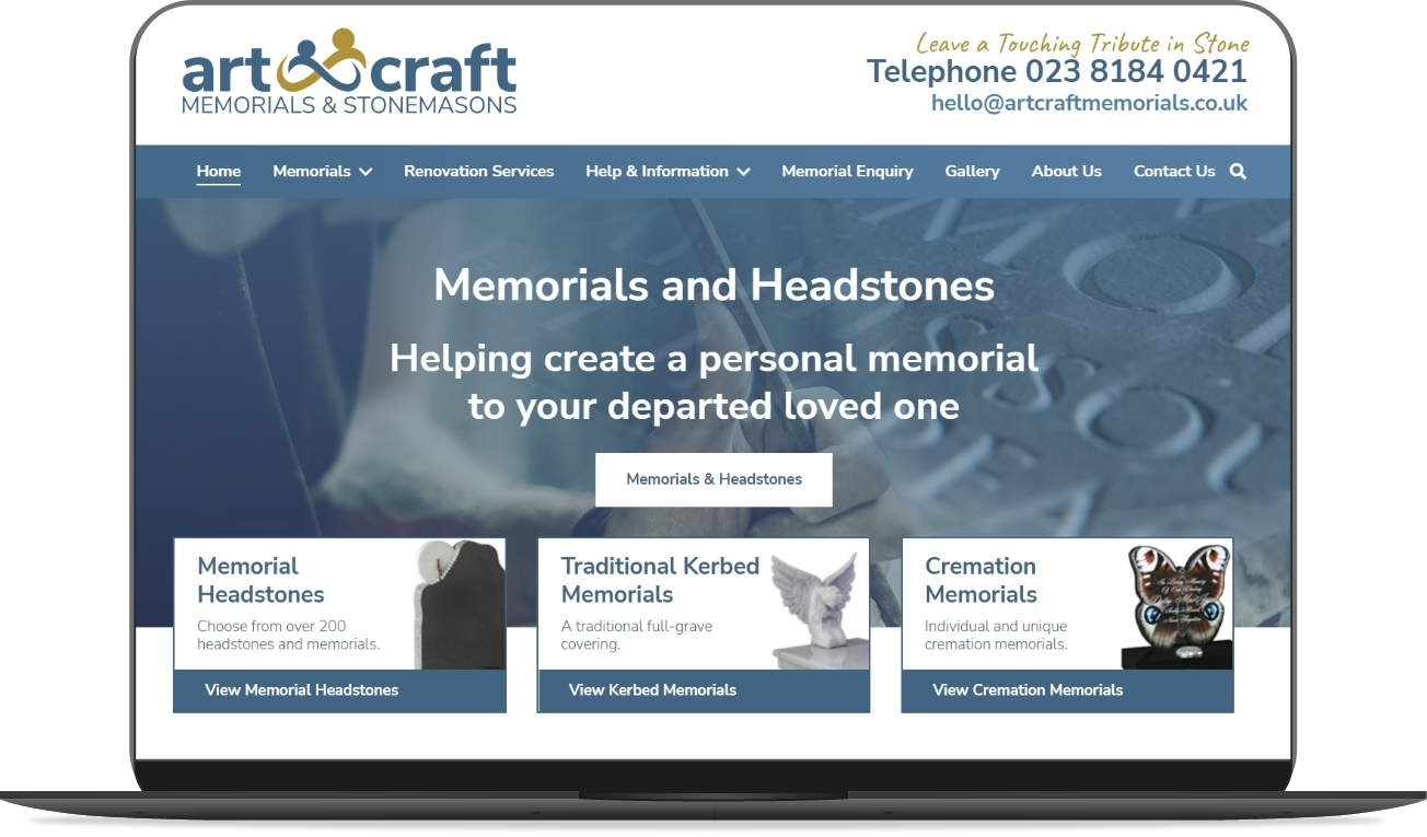 Web Design Huddersfield by Athena Media - Showing Art Craft Memorials Website Development Mockup