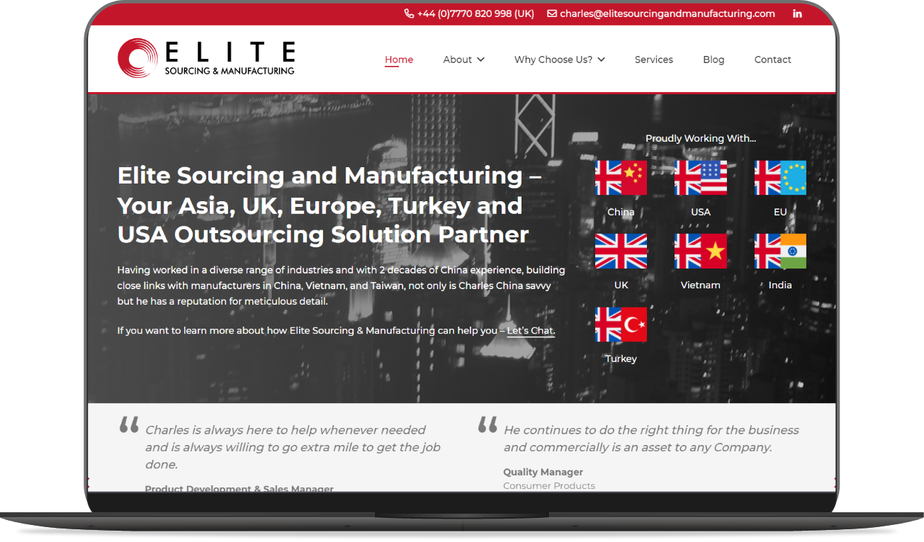 Web Design Huddersfield by Athena Media - Showing Elite Sourcing and Manufacturing Website Development Mockup