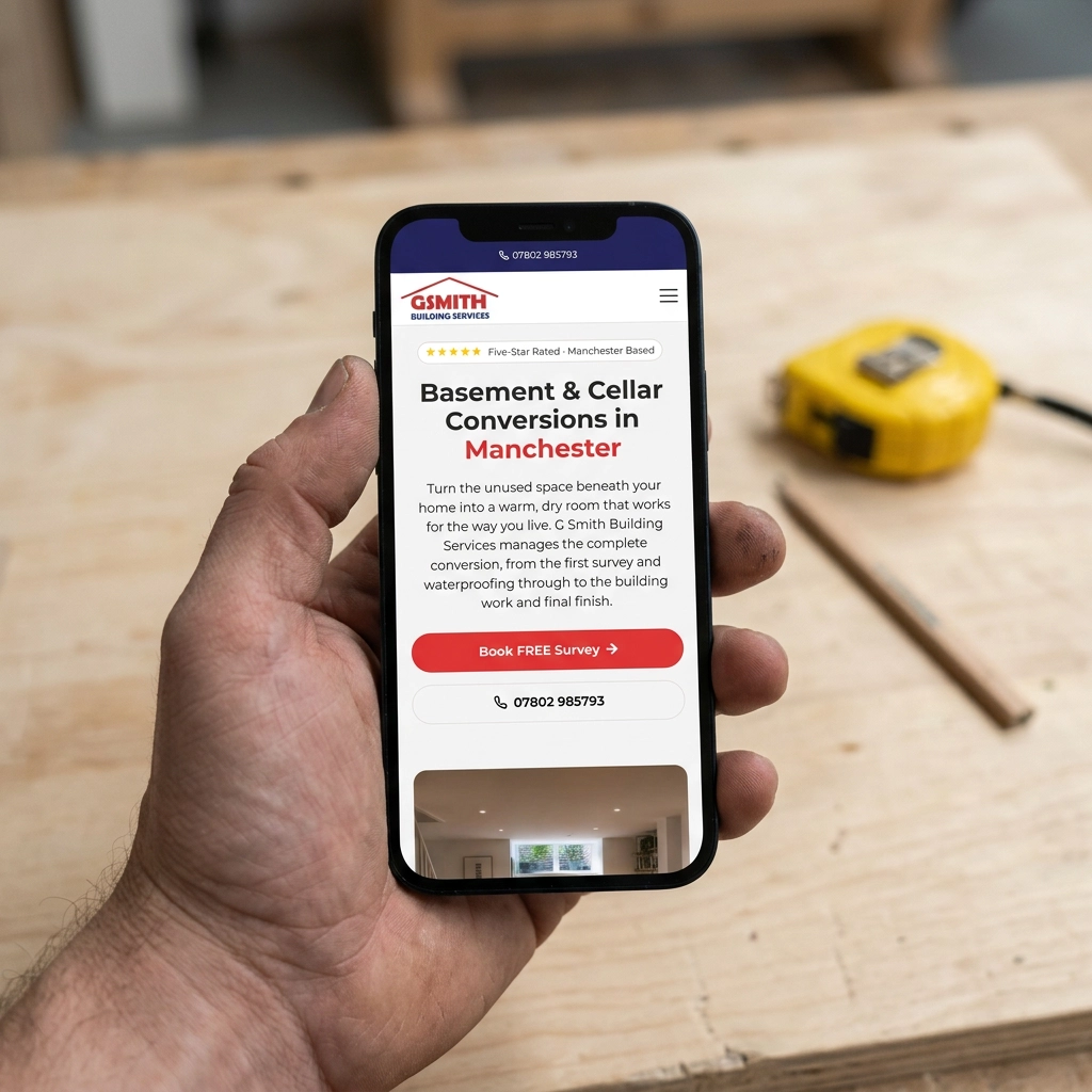 G Smith Cellar Conversion Website Mockup on Phone
