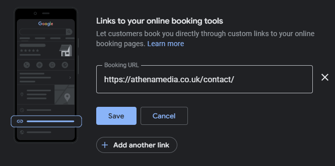 Screenshot of Google Business Profile Booking Link