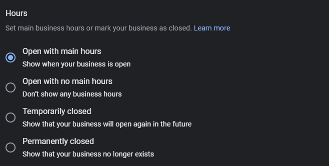 Screenshot of Google Business Profile Setting Hours